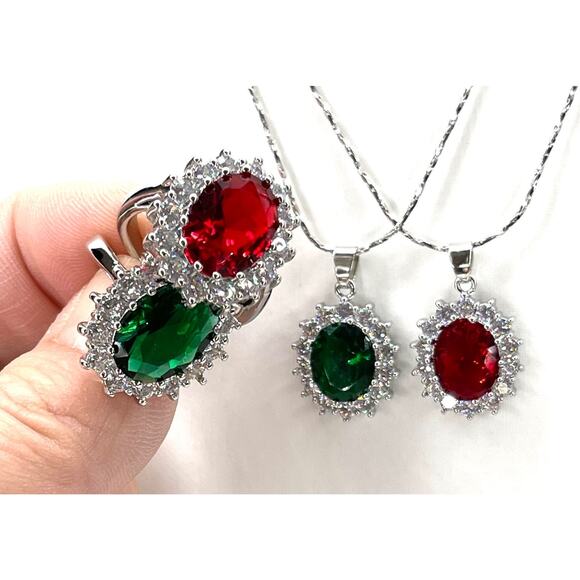 NEW Necklace Earrings Ring 7 Ruby Red Rhinestones CZ Set Jewelry Lot U30 - Picture 2 of 5